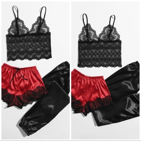 New Red & Black Satin Silk-Like Lace Pajama Set - Picture 2 of 6